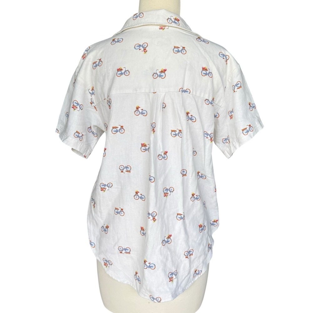 Rae Dunn Bicycle Print Button Down Shirt Women's Large White Linen Blend Top - Picture 3 of 7